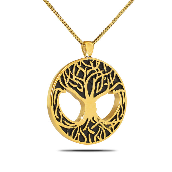 Round gold-toned steel pendant with an openwork tree, branches above and roots below