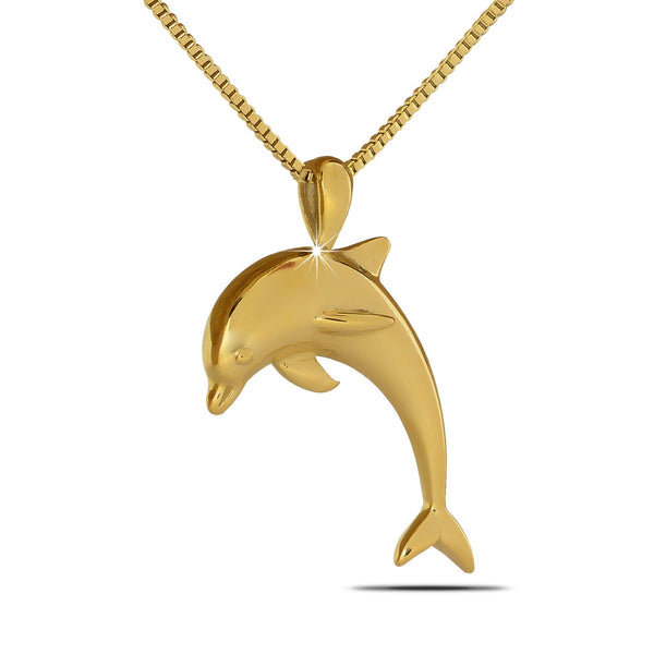 Gold-toned steel pendant shaped as a leaping dolphin above a curved wave