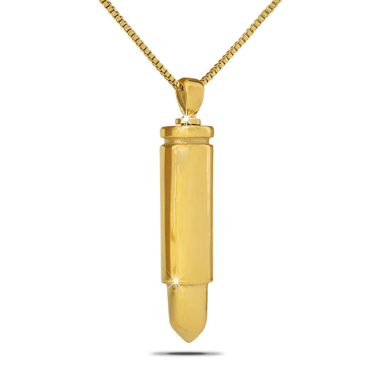 Gold-toned steel pendant shaped like a rifle cartridge, hanging from a chain