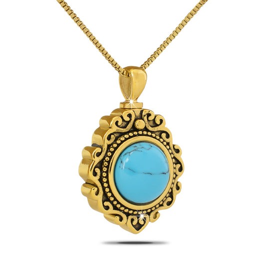 Gold-toned steel pendant inlaid with banded turquoise stone across the front