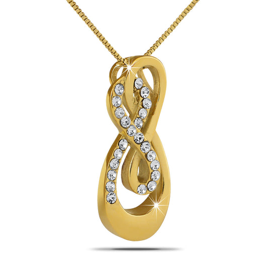 Gold-toned steel pendant with two interlocking infinity loops set with clear crystals