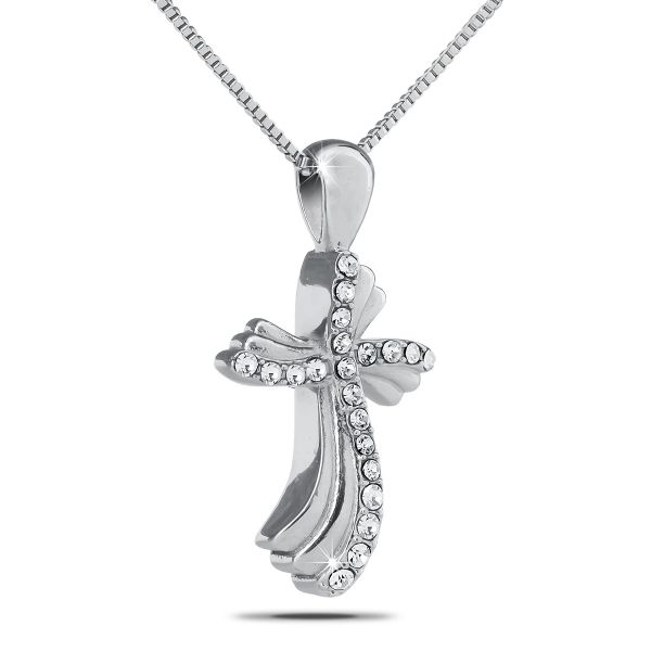 Steel cross pendant channel-set with small white stones along both arms