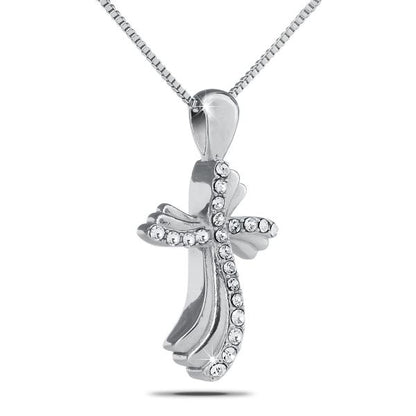 Steel cross pendant channel-set with small white stones along both arms