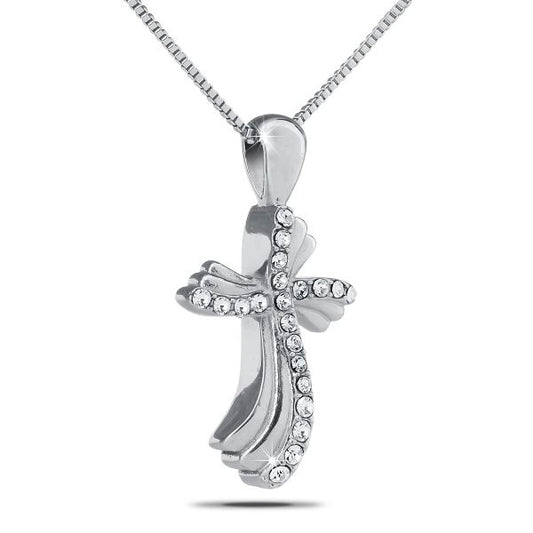 Steel cross pendant channel-set with small white stones along both arms