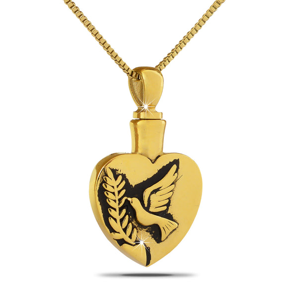 Small gold-toned steel heart pendant with a dove in flight across the front