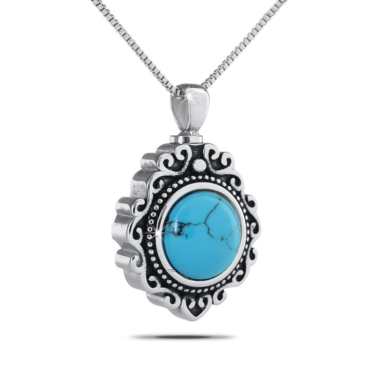 Polished steel keepsake urn with an opaque blue-green turquoise stone in the front