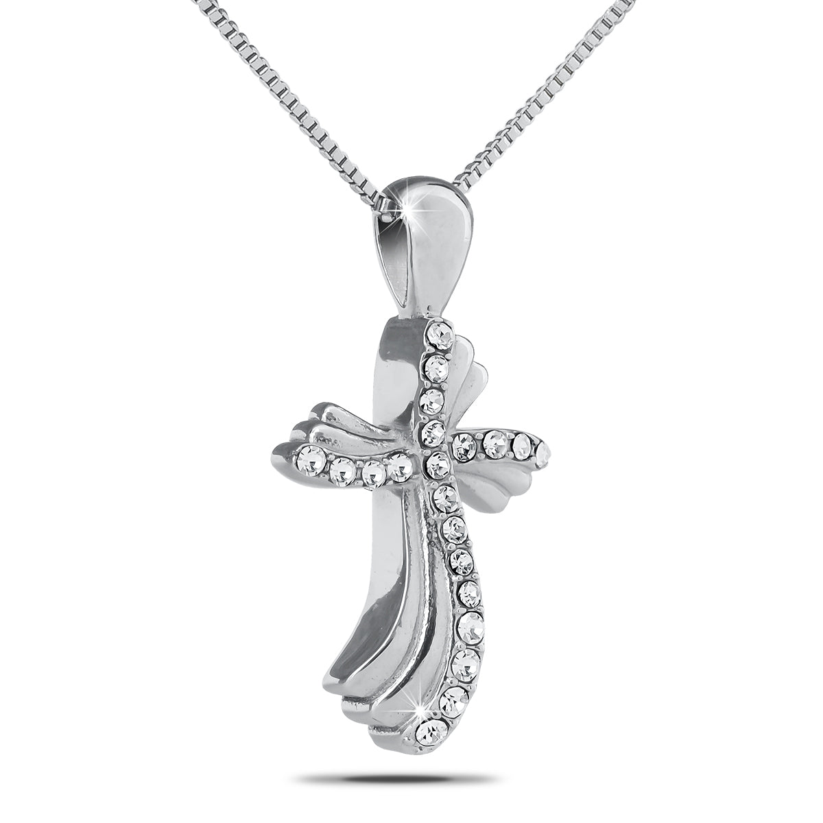 Silver cross pendant set with small white stones along both arms