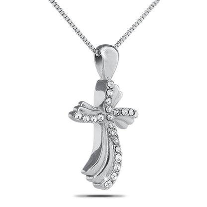 Silver cross pendant set with small white stones along both arms