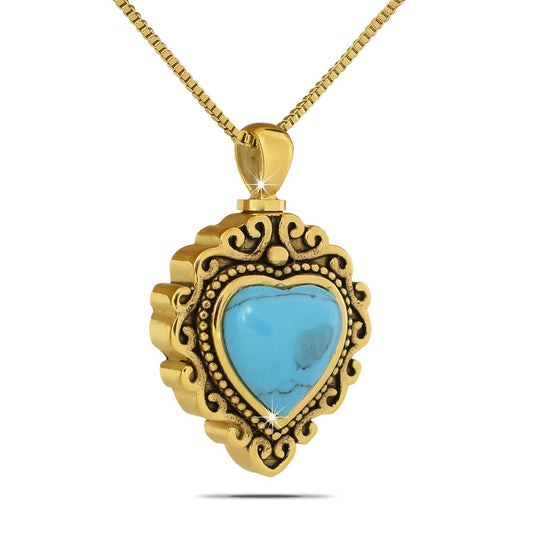Heart-shaped turquoise marble stone set in a gold-toned steel pendant frame