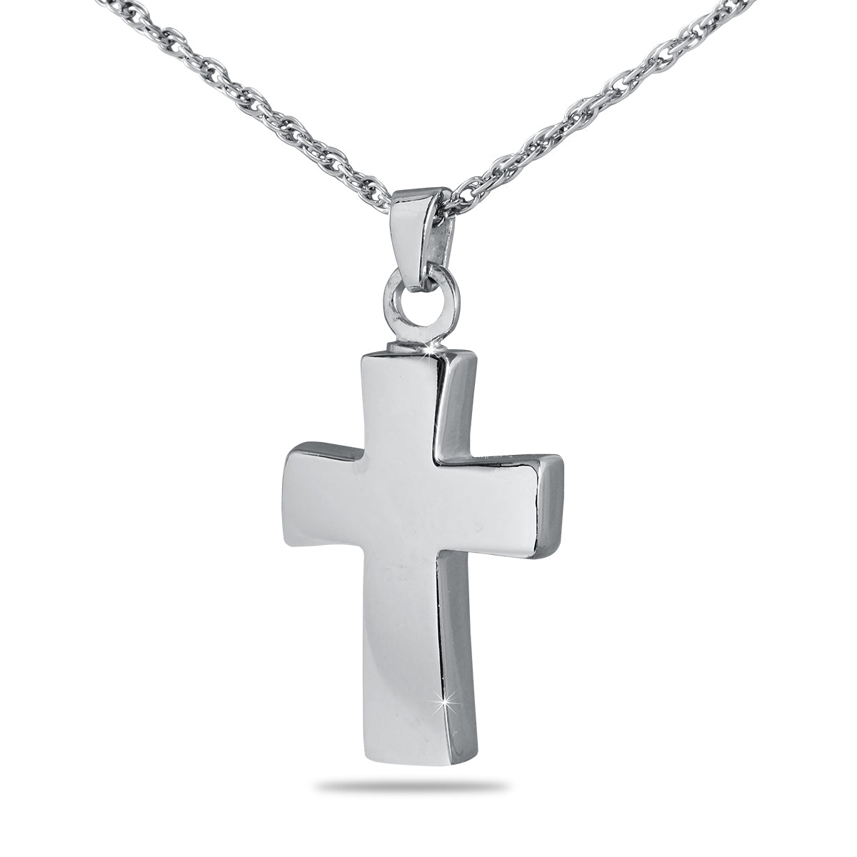 Small polished stainless steel cross pendant with square arms and a plain face