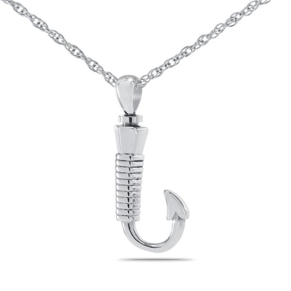 Silver fishing hook keepsake pendant with a curved shank and a chain loop at the eye