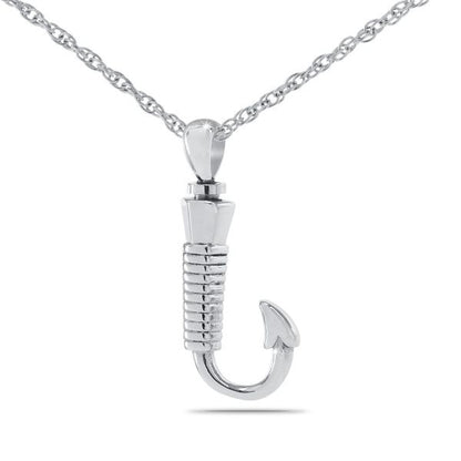 Silver fishing hook keepsake pendant with a curved shank and a chain loop at the eye