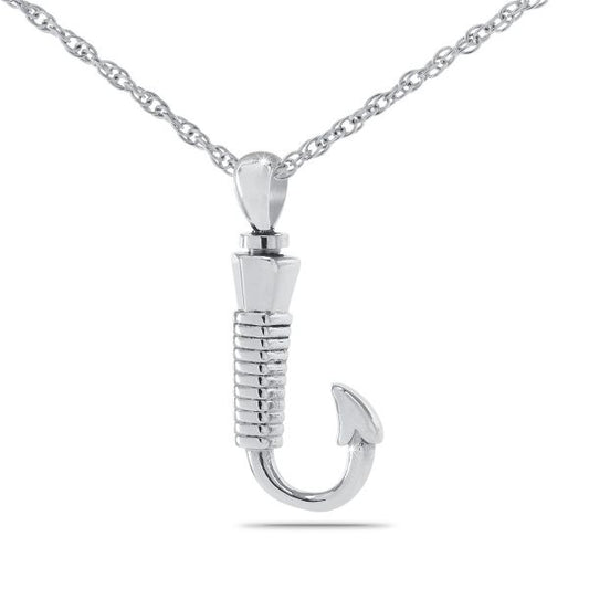 Silver fishing hook keepsake pendant with a curved shank and a chain loop at the eye