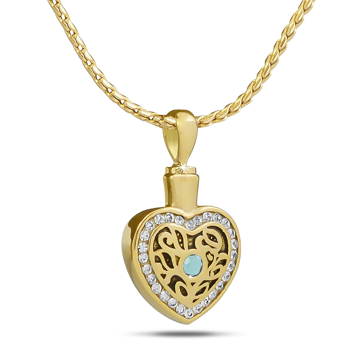 Gold-toned steel keepsake with a pale blue aquamarine stone set above a polished body