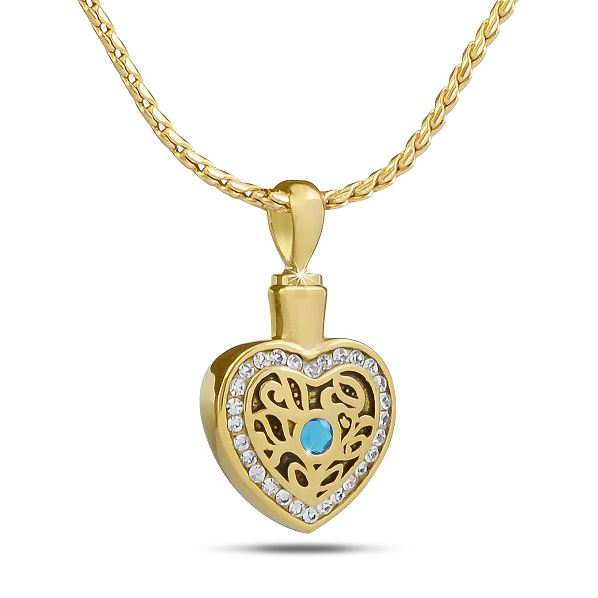 Gold-toned steel pendant set with a bright blue topaz stone, just over an inch tall