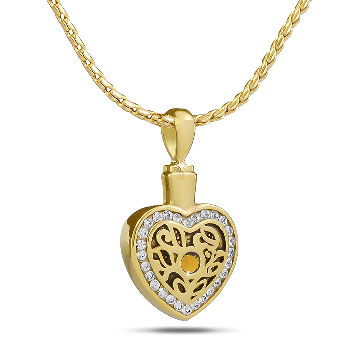 Gold-tone steel keepsake urn set with a clear cubic zirconia stone on the front