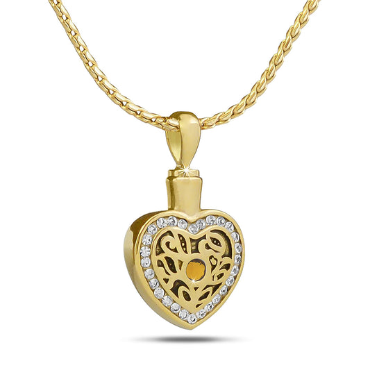 Gold-tone steel keepsake urn set with a clear cubic zirconia stone on the front