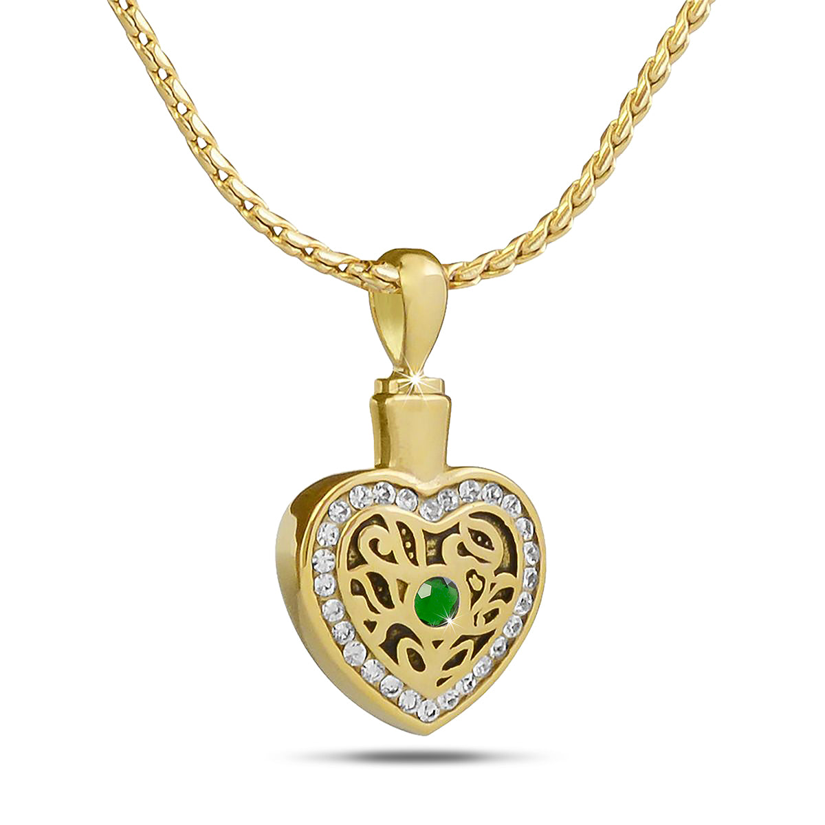 Gold-toned steel pendant set with a deep green emerald colored stone