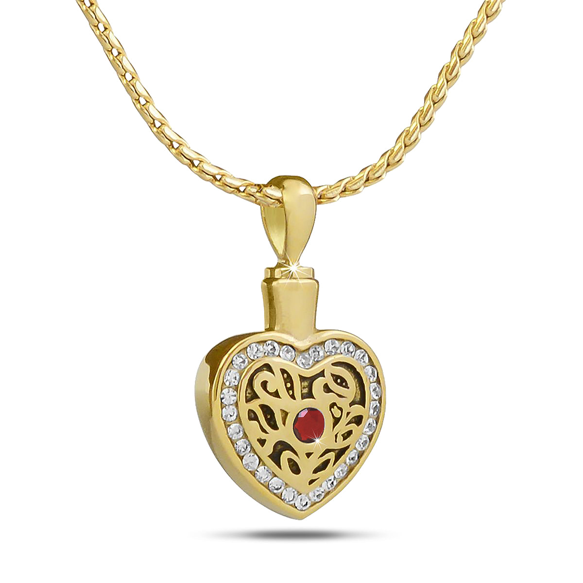 Gold-toned steel keepsake just over an inch tall set with a milky white opal stone