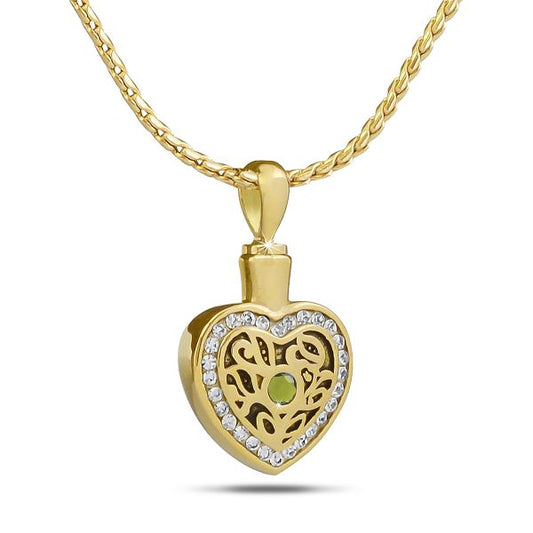 Gold-toned steel pendant set with a green peridot stone, an inch wide and slightly taller