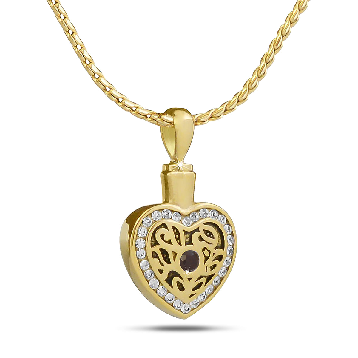 Gold-toned steel pendant just over an inch tall set with a deep red ruby colored stone