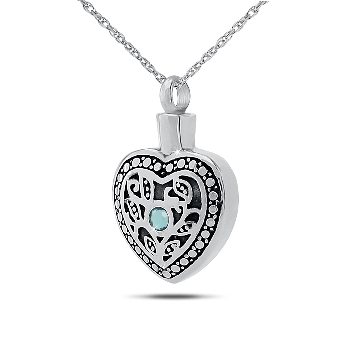 Steel cremation pendant with a pale blue aquamarine stone set in a mirrored face