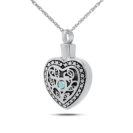 Steel cremation pendant with a pale blue aquamarine stone set in a mirrored face