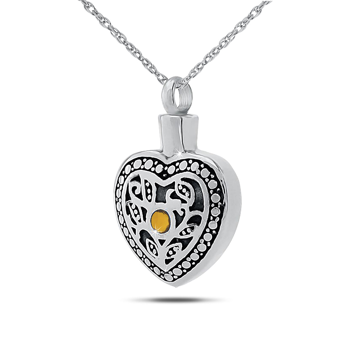 Polished steel cremation pendant set with a warm amber citrine stone at the center