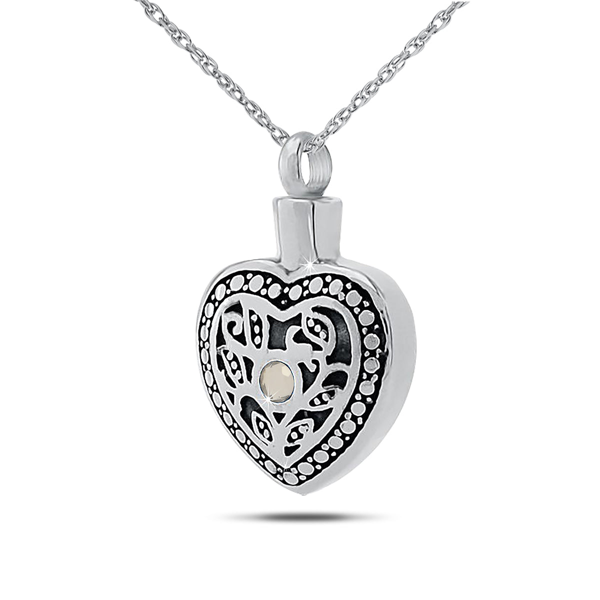 Polished stainless steel pendant with a clear round zirconia stone set in the front