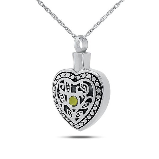 Upright silver pendant set with an olive peridot, opening by a screw at the top