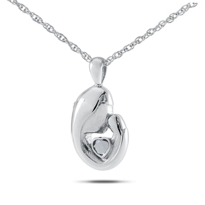 Stainless steel keepsake urn with a heart cut into the front and a purple-blue stone