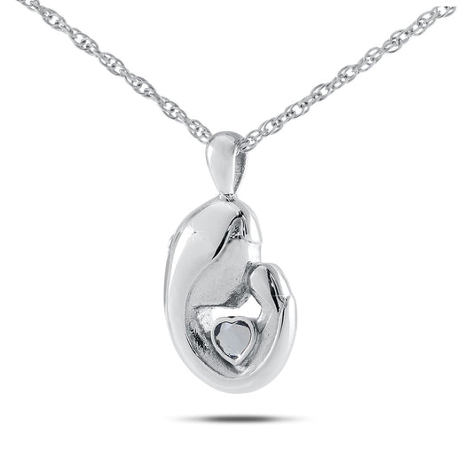Stainless steel keepsake urn with a heart cut into the front and a purple-blue stone
