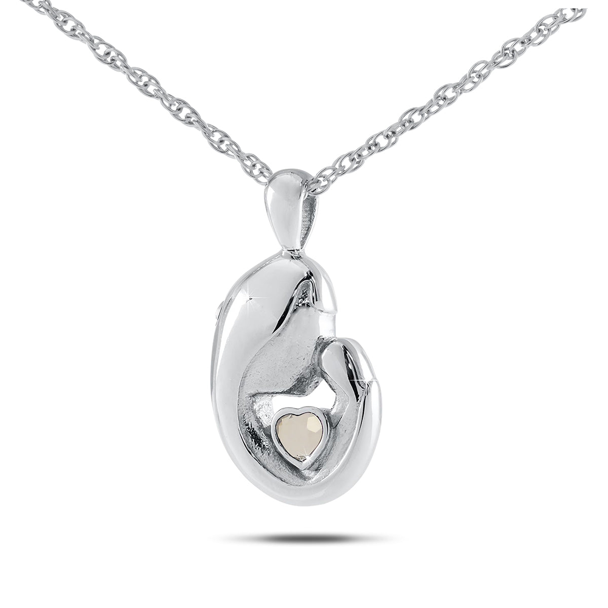 Polished steel heart pendant with a clear zirconia stone set at the center