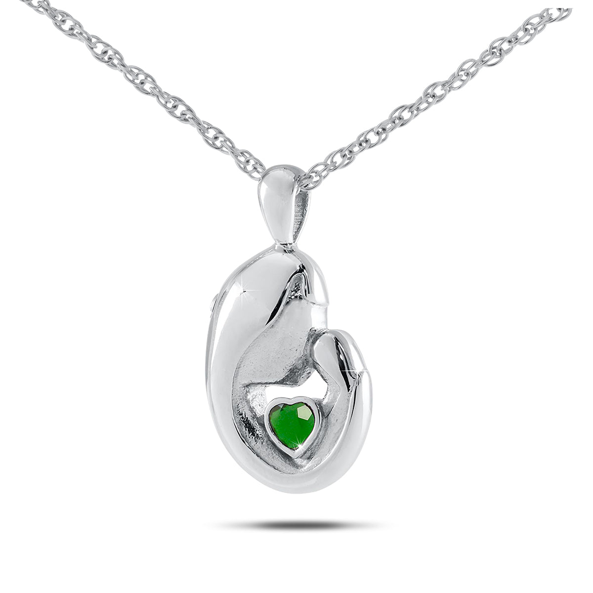 Steel cremation pendant with a heart-shaped emerald green stone set in the front