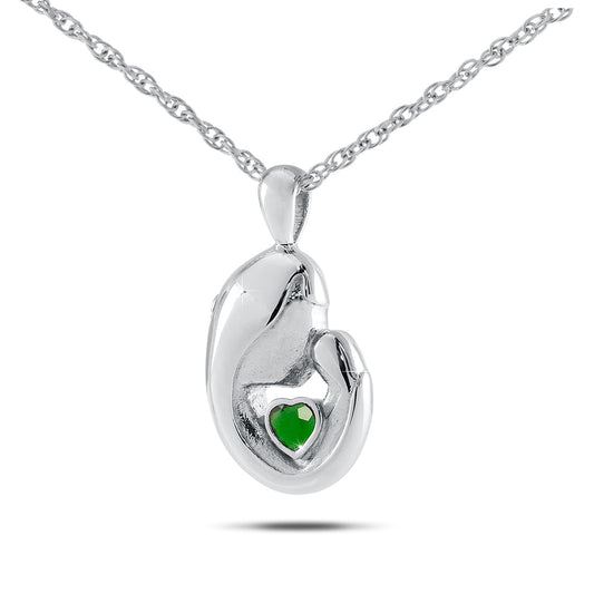 Steel cremation pendant with a heart-shaped emerald green stone set in the front