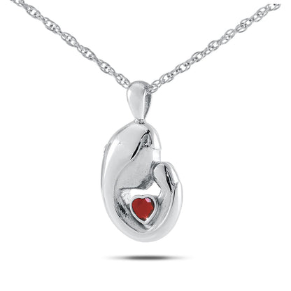 Polished stainless steel keepsake with a deep red garnet stone set into the front