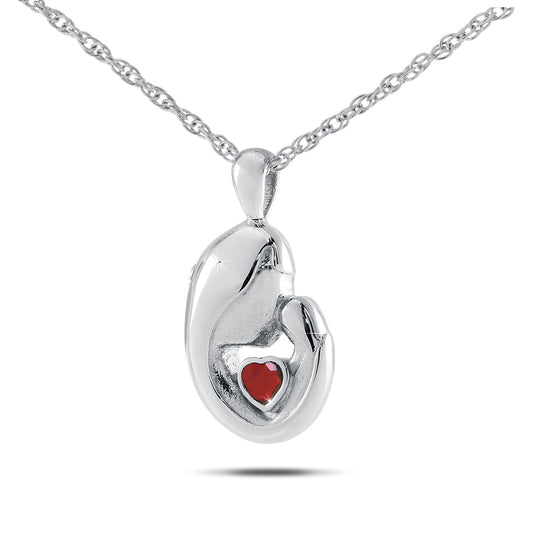 Polished stainless steel keepsake with a deep red garnet stone set into the front
