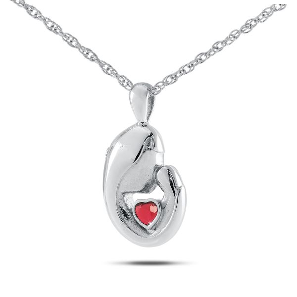 Polished stainless steel keepsake pendant set with a white opal stone at the center