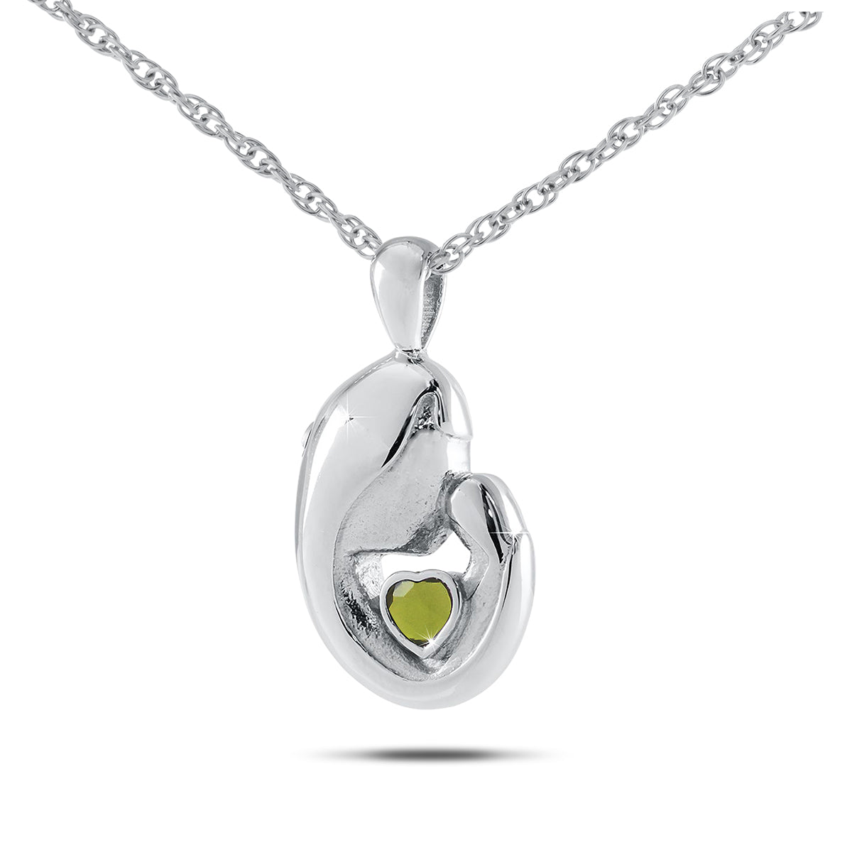 Stainless steel keepsake urn with a heart cutout and a yellow-green peridot stone