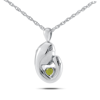 Stainless steel keepsake urn with a heart cutout and a yellow-green peridot stone