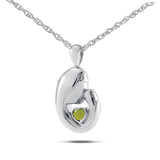 Stainless steel keepsake urn with a heart cutout and a yellow-green peridot stone