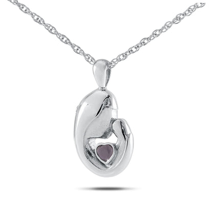Sterling silver keepsake pendant set with a purple amethyst stone, about one inch tall