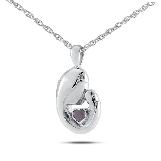 Sterling silver keepsake pendant set with a purple amethyst stone, about one inch tall