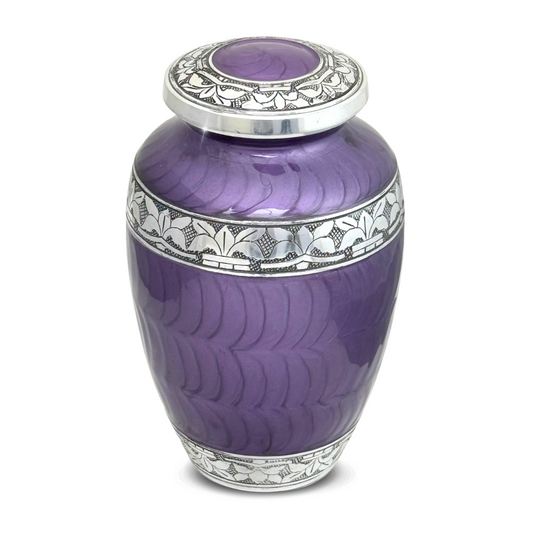 Purple aluminum cremation urn with a soft shimmer finish and unbroken curved sides