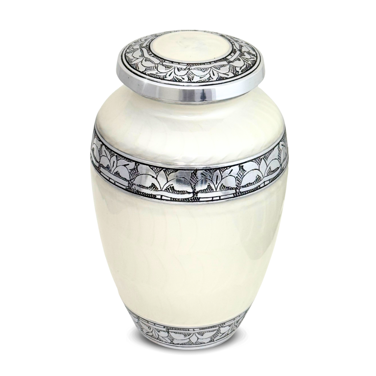 Ivory aluminum cremation urn with a pale pearl finish and smooth curved body