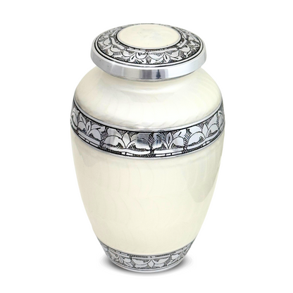 Ivory aluminum cremation urn with a pale pearl finish and smooth curved body
