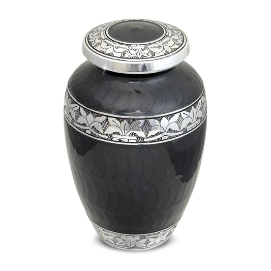 Dark charcoal grey aluminum cremation urn with a fine shimmer and plain sides