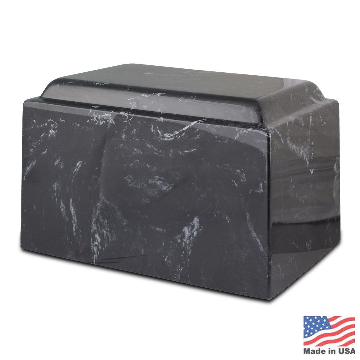 Wide black onyx stone cremation urn with a polished dark surface and a low chest form