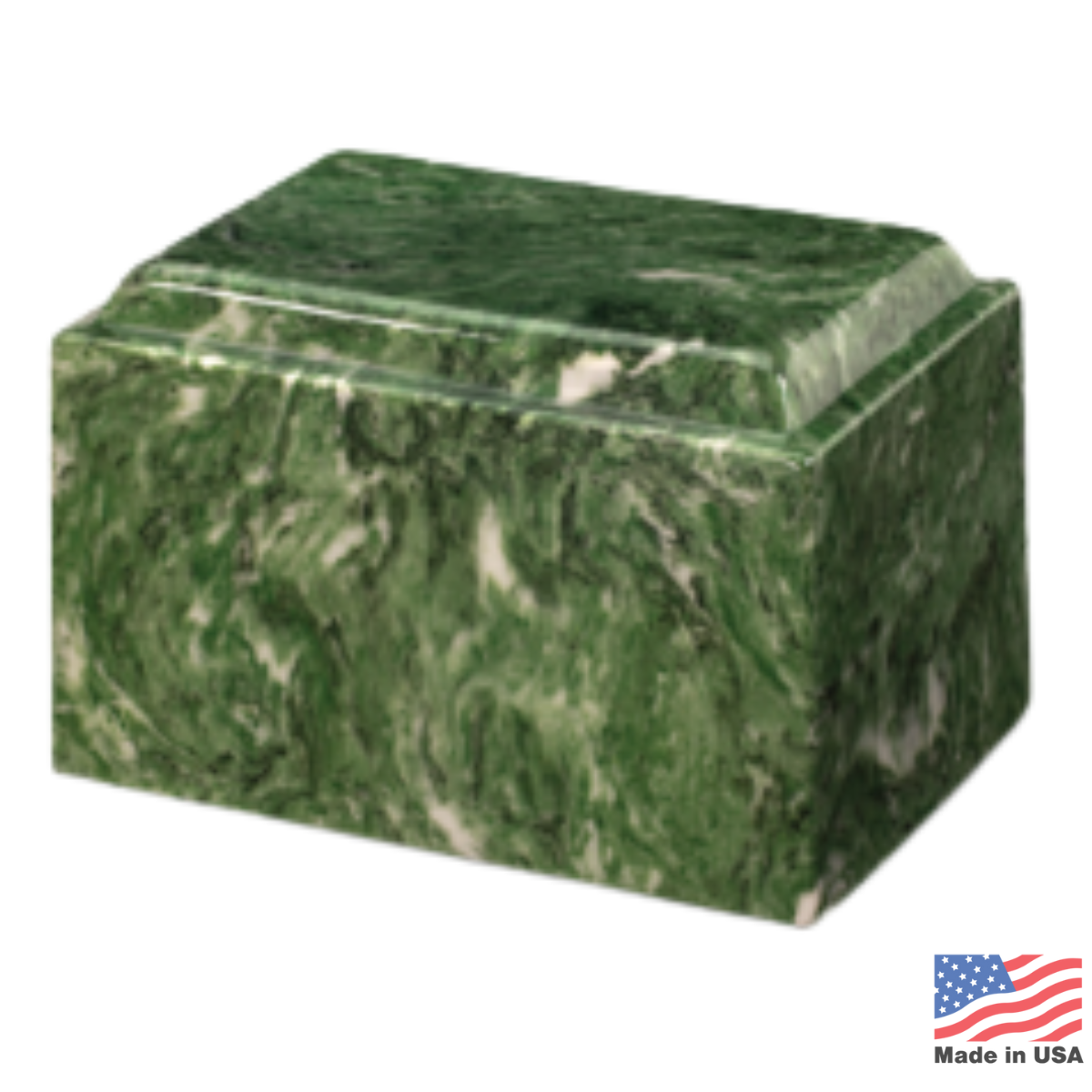 Rectangular green stone cremation urn with dark veining and squared corners