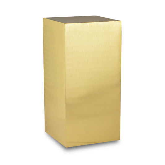 Tall narrow brass cremation urn with a plain polished gold body and a small fitted lid